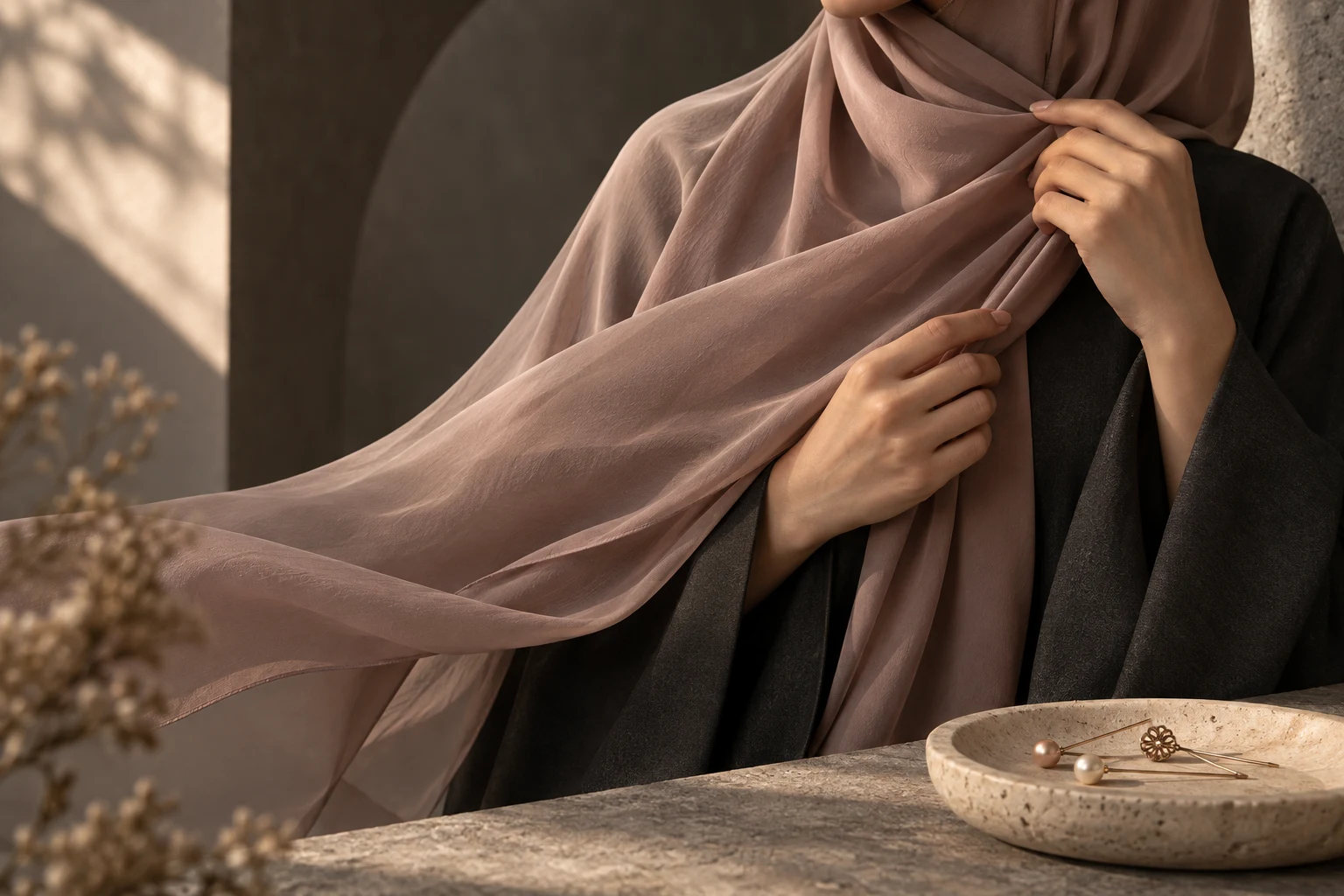 Hands arranging a flowing rose-taupe hijab with delicate pins